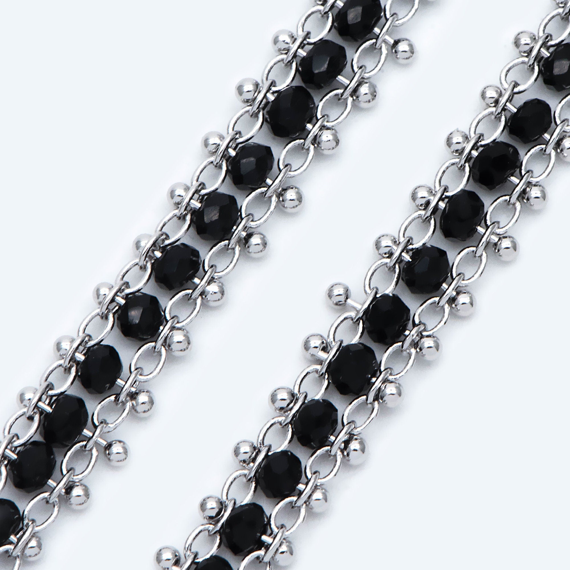 Rhodium plated Brass Beaded Chain 7mm, Silver tone Designer Chain, with Black Crystal Glass Rondelle Beads (#LK-484)/ 1 Meter=3.3ft